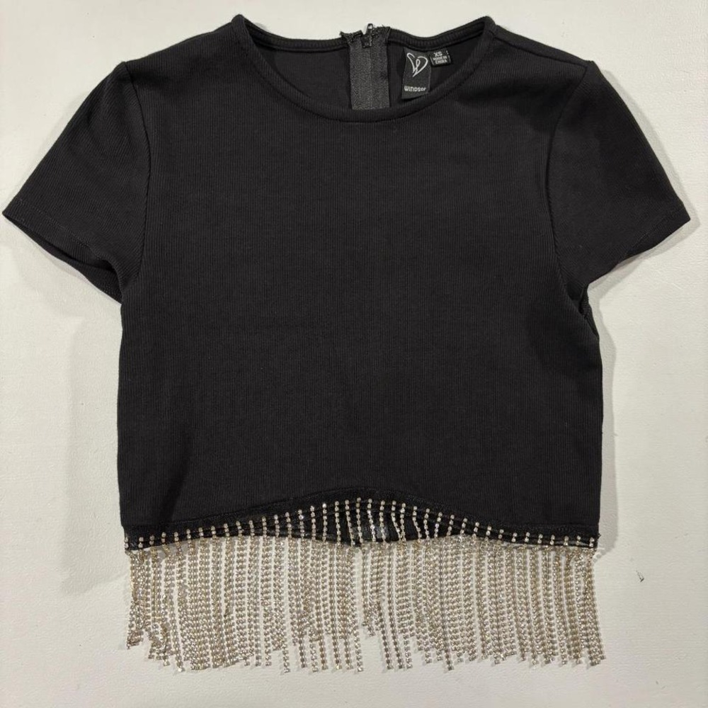 Windsor Top Cropped Swarovski Crystal Fringe Boho Black Short Sleeve Blouse XS